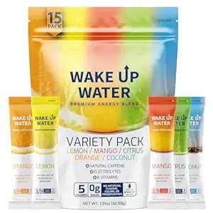 Wake Up Water - Bebida energética + hidratante sin azúcar, paquete variado de 15 unidades, bebida energética en polvo, bebida con electrolitos, paquete de mezcla de cafeína natural, vitaminas B, 5 calorías, sin gluten, 0,10 oz (2,9 g) a22