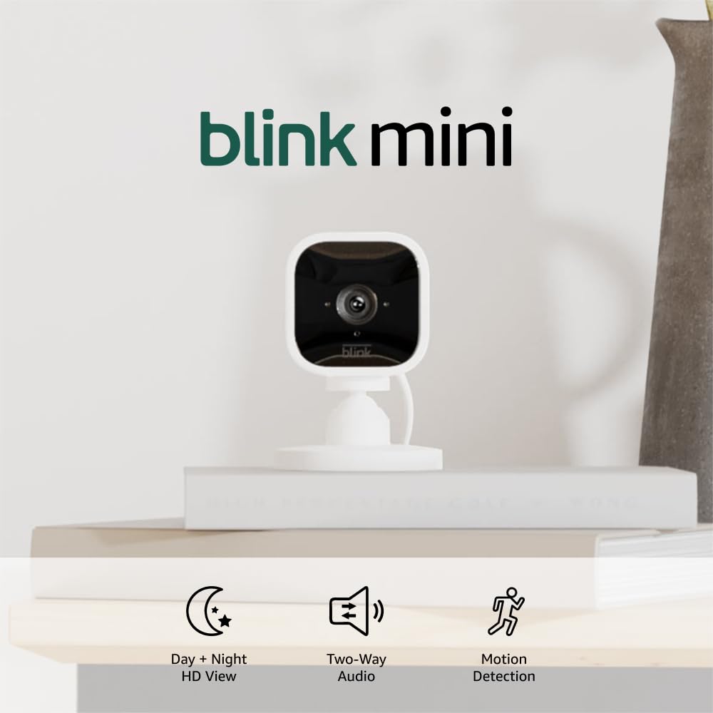 Blink Mini - Cámara de seguridad inteligente compacta, conectable, para interiores, con video de alta definición 1080 y detección de movimiento, funciona con Alexa - 1 cámara (blanco) Ln23