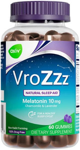 AXIV VroZzz - Gomitas de melatonina para dormir, 10 mg de melatonina, te ayudan a dormir de forma natural, ayuda para dormir, apoyo ocasional para dormir, manzanilla, lavanda y raíz de valeriana, 60 LN26