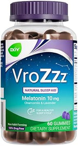 Gomitas para dormir con melatonina AXIV VroZzz, 10 mg de melatonina, que ayudan a conciliar el sueño de forma natural, ayuda para dormir, apoyo ocasional para dormir, manzanilla, lavanda y raíz de valeriana, 60 unidades a23
