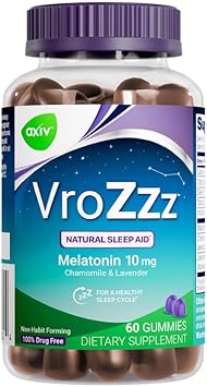 Gomitas para dormir con melatonina AXIV VroZzz, 10 mg de melatonina, que ayudan a conciliar el sueño de forma natural, ayuda para dormir, apoyo ocasional para dormir, manzanilla, lavanda y raíz de valeriana, 60 unidades a23
