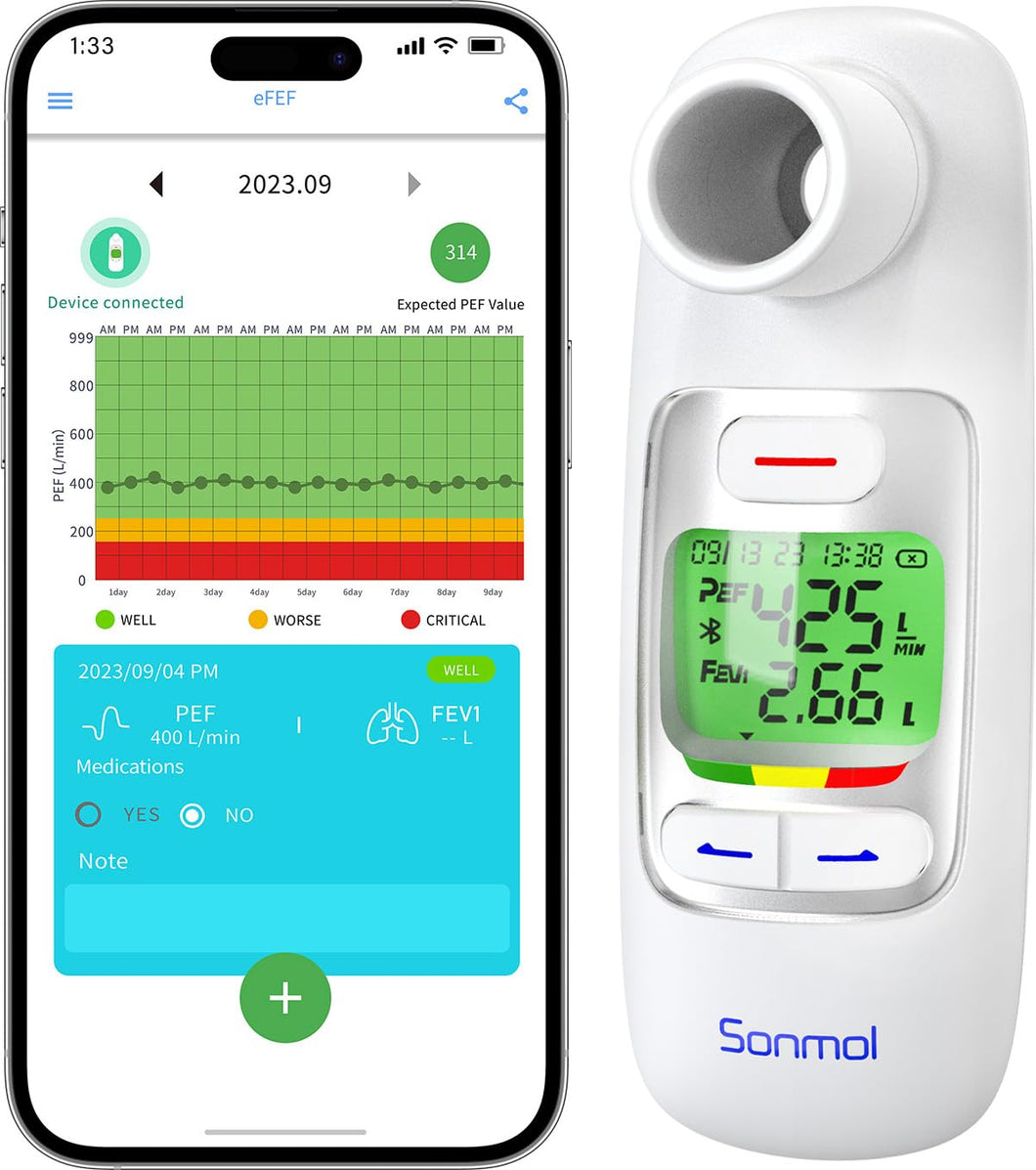 Medidor de flujo máximo, medidor de flujo máximo portátil, prueba PEF y FEV1 para niños y adultos, asma, COPD y otras condiciones pulmonares, a22 aplicación de seguimiento gratuita, conexión Bluetooth con