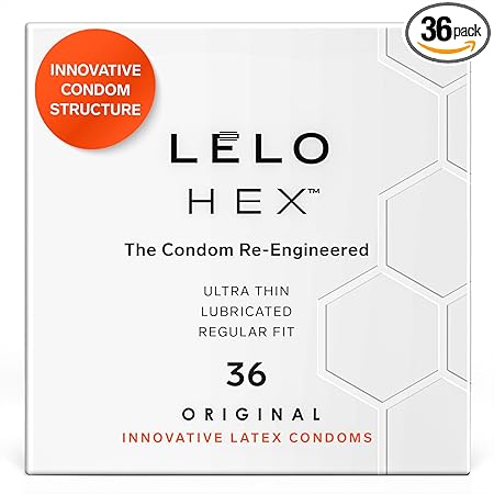 LELO HEX - Preservativos ultrafinos originales con mayor fuerza, condón masculino, condones lubricados para hombres, 2.12 pulgadas/2.126 in de diámetro (paquete de 36) ln26
