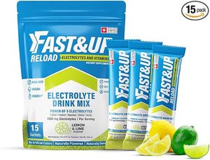 FAST&UP Reload – Limón y lima – Bebida refrescante con electrolitos | Sobres de polvo hidratante | 1500 mg de electrolitos + vitaminas C y B12 | Paquete de una sola porción fácil de abrir | 15 porciones ln25