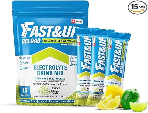 FAST&UP Reload – Limón y lima – Bebida refrescante con electrolitos | Sobres de polvo hidratante | 1500 mg de electrolitos + vitaminas C y B12 | Paquete de una sola porción fácil de abrir | 15 porciones ln25