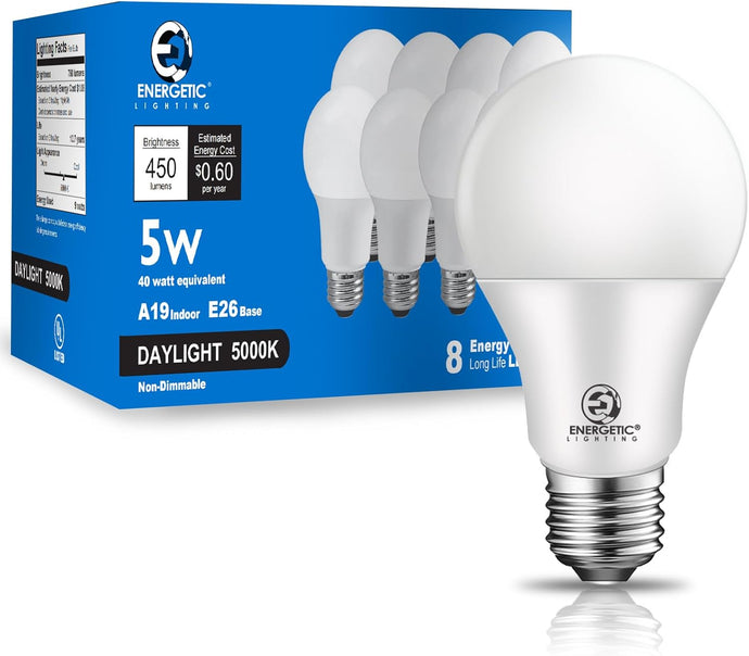 E ENERGETIC LIGHTING Bombilla LED A19 equivalente a 40 W, luz diurna de 5000 K, base estándar E26, no regulable, 5 W 450 lm, certificación UL, 8 paquetes A19