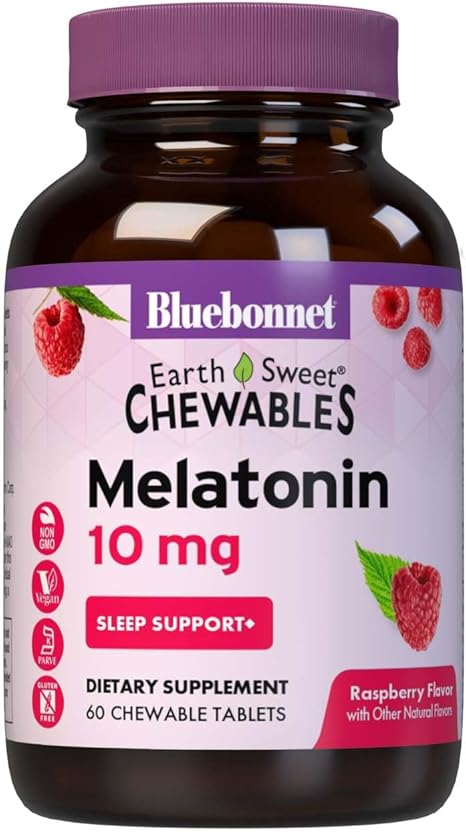 Bluebonnet Nutrition EarthSweet Melatonina 10 mg de acción rápida de disolución rápida relajación nocturna y apoyo para dormir reparador - Ayuda para dormir - Sin gluten, vegano - Sabor frambuesa - 60 ln26