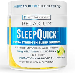 Relaxium Sleep Quick Gummy, ayuda para dormir, 5 mg de melatonina, vitamina D-3, mezcla de prebióticos y probióticos, sin gluten ni medicamentos, sabor a limón, 60 gomitas a23