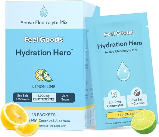Feel Goods Hydration Hero, 1000 mg de electrolitos en polvo, sin azúcar, magnesio, agua de coco orgánica, L-teanina, vitamina C y B12, sin OGM, cetogénico, vegano, sobres de electrolitos | Limón y lima, 15 unidades ln25
