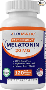 Vitamatic Tabletas de melatonina de 20 mg | Vegetariano, sin OMG, sin gluten | Alta potencia 20 mg | Sabor natural a bayas (1/2 tabletas = melatonina 10 mg) (120 unidades (paquete de 6)) ln26