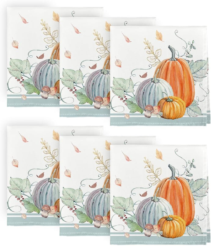 Horaldaily Servilletas de tela de otoño de 18 x 18 pulgadas, juego de 6 servilletas lavables de cosecha de otoño naranja y azul ln23 con hojas de calabaza para fiestas y cenas