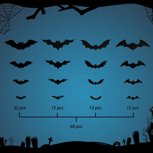 68 piezas de decoración de murciélagos para pared, decoraciones de Halloween, pegatinas 3D de murciélagos