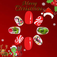 Cargar imagen en el visor de la galería, Uñas postizas a presión con luces coloridas rojas navideñas, uñas postizas cortas de almendra con diseño de monstruo verde, a22 uñas artificiales de Navidad de invierno, uñas postizas de cobertura
