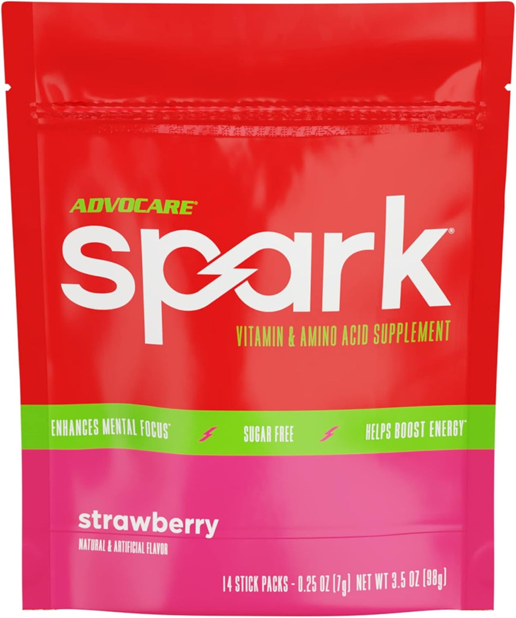 Suplemento de vitaminas y aminoácidos AdvoCare Spark: mezcla en polvo para bebida energética y de concentración con vitamina A, B-6, C y E; también incluye L-carnitina y L-tirosina; sabor fresa, 14 sobres a22