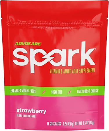 Suplemento de vitaminas y aminoácidos AdvoCare Spark: mezcla en polvo para bebida energética y de concentración con vitamina A, B-6, C y E; también incluye L-carnitina y L-tirosina; sabor fresa, 14 sobres a22