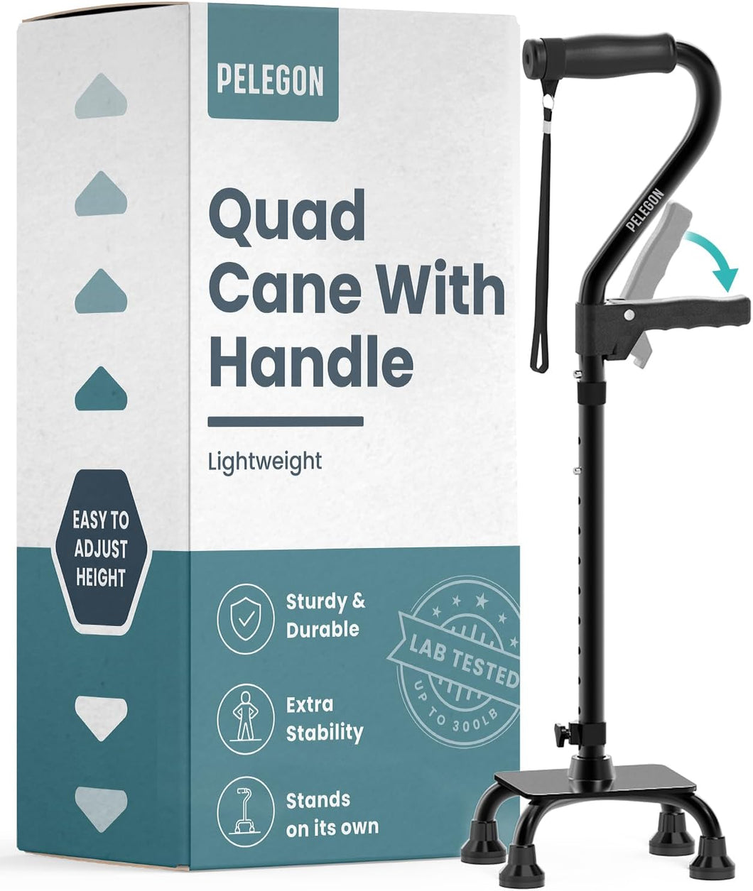PELEGON® Bastón cuádruple para mujeres y hombres para estabilidad (300 libras) – Bastón ajustable con una base grande de 4 puntas para equilibrio y estabilidad, ln25 bastones para caminar para personas
