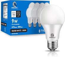 Cargar imagen en el visor de la galería, E ENERGETIC LIGHTING Bombillas equivalentes a 60 vatios, bombillas LED blancas cálidas A19, base E26 de 15000 horas, bombillas de 9W 760LM 3000K, certificación UL, no regulables, paquete de 8 A19
