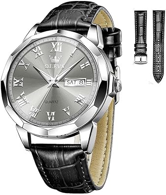 OLEVS Relojes de pulsera para hombre, a la moda, elegante, con esfera de espejo, de diamante, impermeable, a21 calendario, de cuarzo, correa de cuero, para hombre, azul/blanco/gris