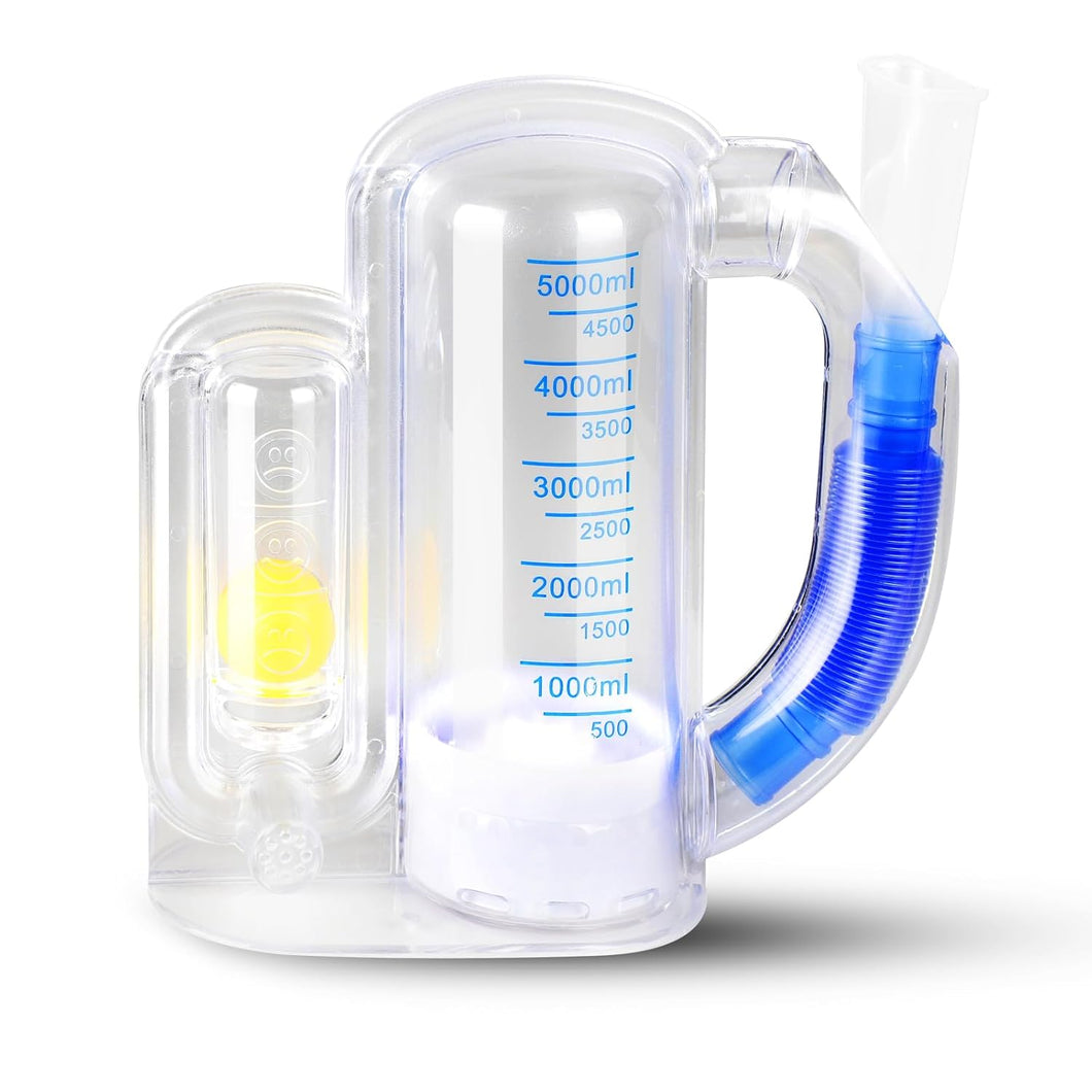 Espirómetro de incentivo (BLUE-001), entrenador de respiración profunda para adultos, dispositivo de ejercicio de respiración para pulmones, a22 medición de capacidad de 169.1 fl oz con indicador de flujo