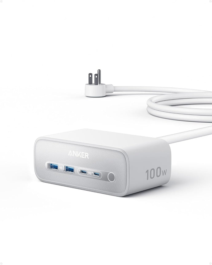 Anker Estación de carga nano (100 W máximo), tira de alimentación USB C 7 en 1 para iPhone 16/15/14 y MacBook Air/Pro, a19 cable delgado de 5 pies, 3AC, 2USB A, 2USB C, accesorio de escritorio de entrega