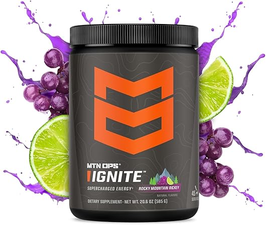Bebida energética en polvo MTN OPS Ignite, mezcla de bebida con suplemento de óxido nítrico sin gluten, L-arginina, L-citrulina, cafeína y nootrópicos, sin azúcar, 45 porciones, Rocky Mountain Rickey ln25