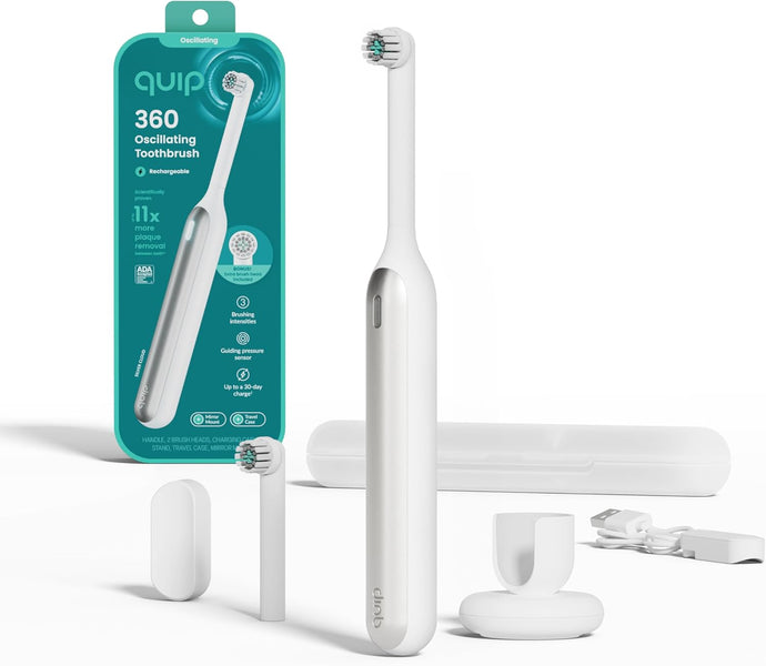 Quip Cepillo de dientes eléctrico recargable oscilante 360 con cabezal de cepillo extra, cerdas suaves, sensor de presión,ln23 3 intensidades, duración de la batería de 30 días, temporizador de 2 minutos,