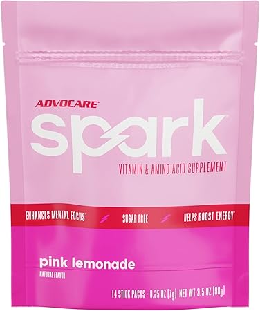 Suplemento de vitaminas y aminoácidos AdvoCare Spark: mezcla en polvo para bebida energética y de concentración con vitamina A, B-6, C y E; también incluye L-carnitina y L-tirosina; limonada rosa, 14 sobres ln25