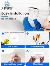 Cargar imagen en el visor de la galería, E ENERGETIC LIGHTING Paquete de 12 lámparas de techo empotrables LED ultrafinas de 6 pulgadas con caja de conexiones, luz diurna 5000 K, brillo de 1050 lm, 12 W 110 W Eqv, lámpara de oblea regulable A19
