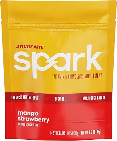 Suplemento de vitaminas y aminoácidos AdvoCare Spark: mezcla en polvo para bebida energética y de concentración con vitamina A, B-6, C y E; también incluye L-carnitina y L-tirosina; mango y fresa, 14 sobres a22