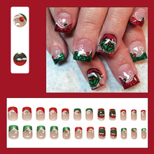 Cargar imagen en el visor de la galería, 24 uñas postizas de Navidad a presión, cortas, cuadradas, verdes, rojas, francesas, con pegamento, uñas acrílicas brillantes, a22 diseño de uñas acrílicas... Nombre del patrón:Navidad Nials 002
