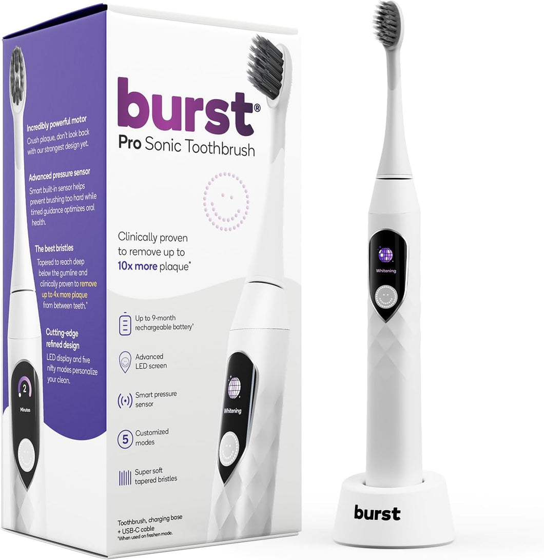 Burst Cepillo de dientes Pro Sonic para adultos, cepillo de dientes eléctrico avanzado con cerdas suaves, 33,000 vibraciones, ln23 batería de larga duración y múltiples modos de cepillado, color blanco