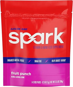Suplemento de vitaminas y aminoácidos AdvoCare Spark: mezcla en polvo para bebida energética y de concentración con vitamina A, B-6, C y E; también incluye L-carnitina y L-tirosina; ponche de frutas, 14 sobres a22