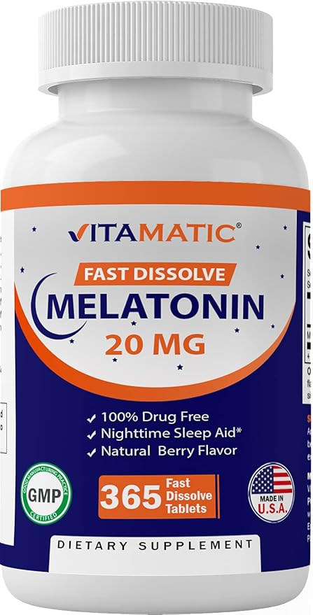 Vitamatic Tabletas de melatonina de 20 mg | Vegetariano, sin OMG, sin gluten | Suministro de 1 año | Sabor natural a bayas - 365 tabletas ln26