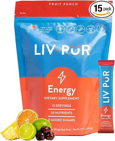 Suplemento energético en polvo | Favorece la concentración y la claridad mental | Cafeína natural de absorción lenta | Energía sin nerviosismo | Vitaminas B12 y C | Certificado por la NSF para deportistas | Ponche de frutas, 15 barritas  a22