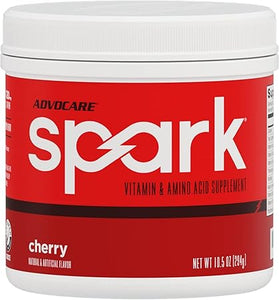 Suplemento de vitaminas y aminoácidos AdvoCare Spark: mezcla en polvo para bebida energética y de concentración con vitamina A, B-6, C y E; también incluye L-carnitina y L-tirosina; sabor cereza, 10,5 oz ln25