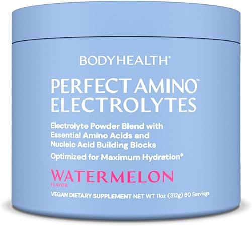 Polvo de electrolitos BodyHealth PerfectAmino, polvo hidratante, bebida de electrolitos cetogénica sin azúcar, sin OGM, sabor a sandía (60 porciones) ln25