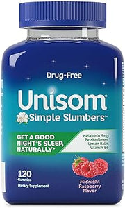 Gomitas para dormir Unisom Simple Slumbers sin fármacos,a23  melatonina de 5 mg, sabor frambuesa medianoche, 120 unidades
