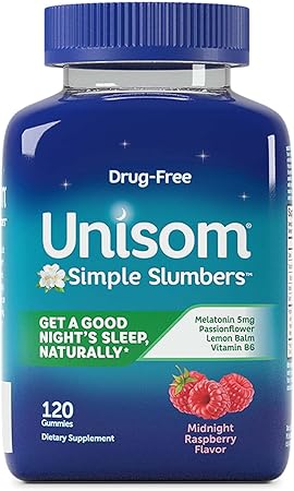 Unisom Simple Slumbers DrugFree Sleep Aid - Gomitas de melatonina de 5 mg de frambuesa medianoche, 120 unidades ln26