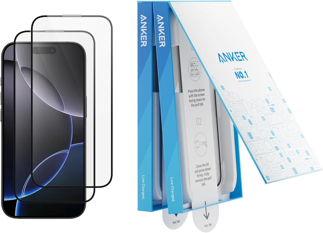 Anker Protector de pantalla, vidrio templado HD sin burbujas y polvo, duradero y a prueba de caídas con dureza 9H,a19 fácil instalación exclusiva para iPhone 16 Pro Max de 6.9 pulgadas (paquete de 2)