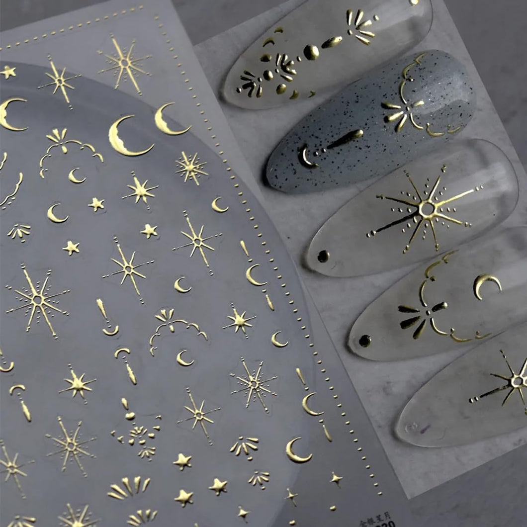 Calcomanías de uñas con diseño de luna y estrella, 3D, dorado, bronceador, láser, estrella, luna A24