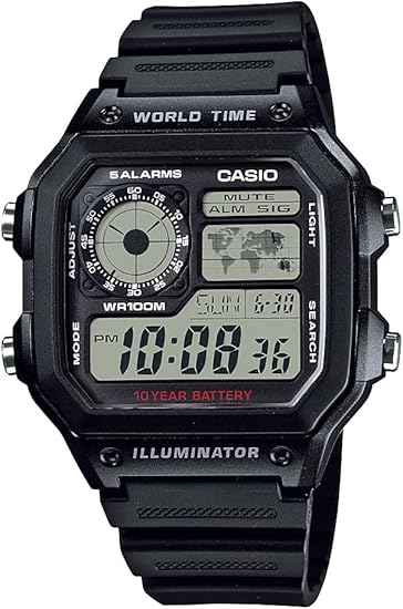 Casio AE1200WH Series | Men’s Digital Watch | 100M WR | Multi Alarms | 100 SEC Stopwatch | Countdown Timer | ln24 World Map for World Time | LED Light | LC Analog Display | 10 Year Battery