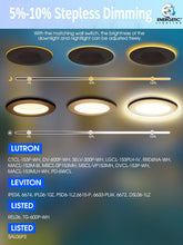 Cargar imagen en el visor de la galería, Paquete de 6 luces LED empotrables de 6 pulgadas con luz nocturna, luces de lata regulables con borde deflector, 9 W = 85 W, blanco cálido 3000 K, retrofit de 700 lúmenes, CRI 90, clasificación A19
