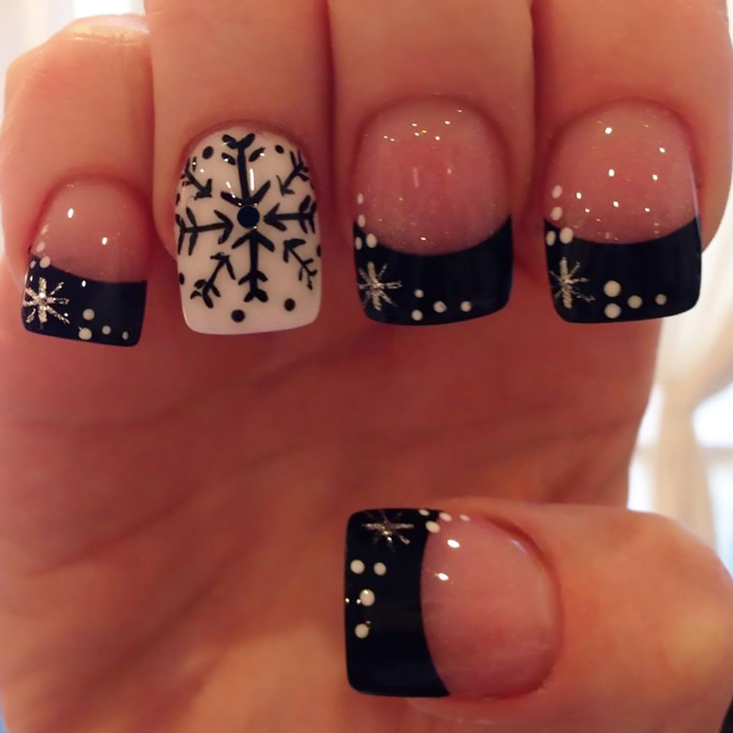 Uñas postizas a presión de Navidad, uñas postizas cuadradas cortas con diseños de copos de nieve, uñas postizas de punta francesa azul oscuro, uñas postizas... a22 Nombre del patrón:Uñas postizas navideñas 11