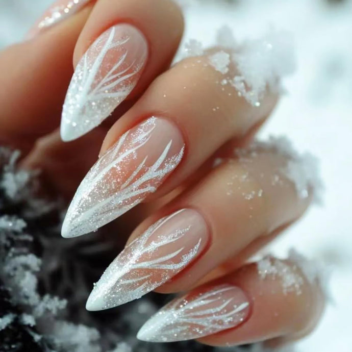 24 uñas postizas de invierno a presión de almendra mediana, uñas postizas con purpurina blanca degradada, diseño de grietas de hielo, uñas acrílicas de... a22 Nombre del patrón:24 uñas navideñas a presión 2