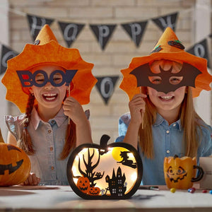 FOIMAS Cartel de mesa de madera para Halloween, centro de mesa de calabaza con luz para decoración de mesa de Halloween (MEJORADO)