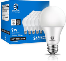 Cargar imagen en el visor de la galería, E ENERGETIC LIGHTING Bombillas equivalentes a 60 vatios de color blanco suave, 9 W 760 LM, base E26 de 15000 horas, bombillas A19 2700 K, certificación UL,... A19
