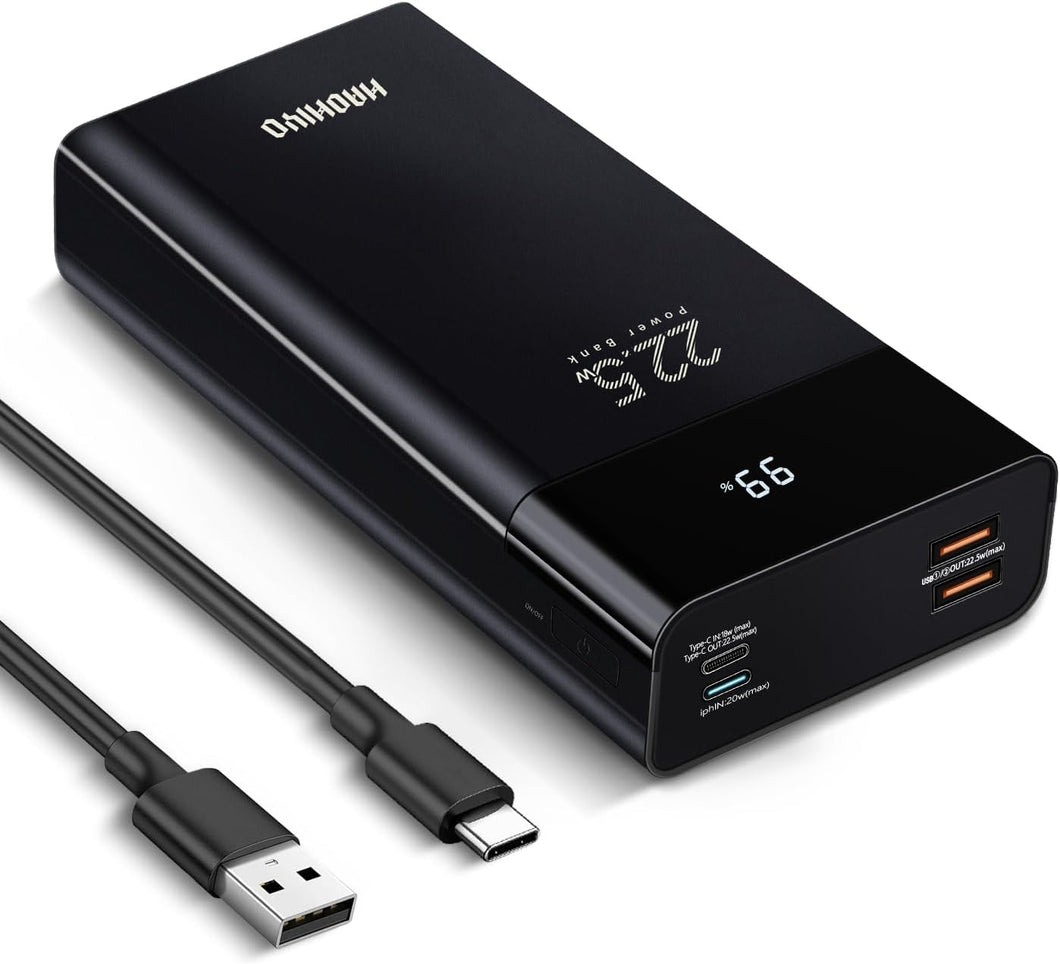 Cargador portátil de 20000 mAh, con pantalla LED, QC 22.5W y PD 20W carga rápida bidireccional, 3 salidas y 2 entradas, para iPhone, Samsung, iPad, etc. (negro) ln23