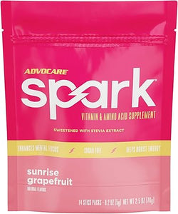 Suplemento de vitaminas y aminoácidos AdvoCare Spark: bebida energética y concentrada sin azúcar en polvo con vitaminas A, C, E y B-12, pomelo Sunrise, 14 sobres ln25