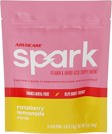 Suplemento de vitaminas y aminoácidos AdvoCare Spark: bebida energética y concentrada en polvo sin azúcar con vitaminas A, C, E y B-12, limonada de frambuesa, 14 sobres ln25