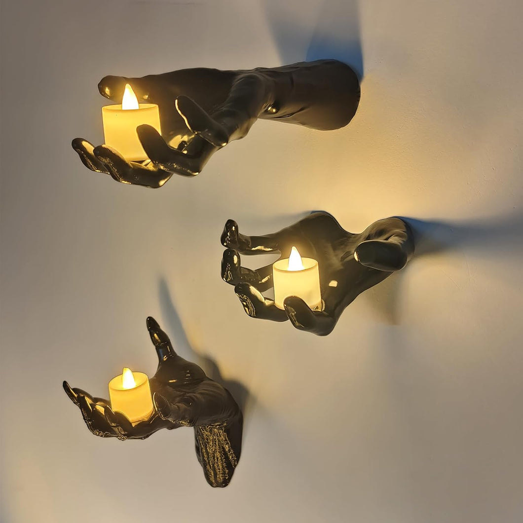 Paquete de 3 Manos de Alcance Espeluznante Montadas en la Pared con Velas Encendidas